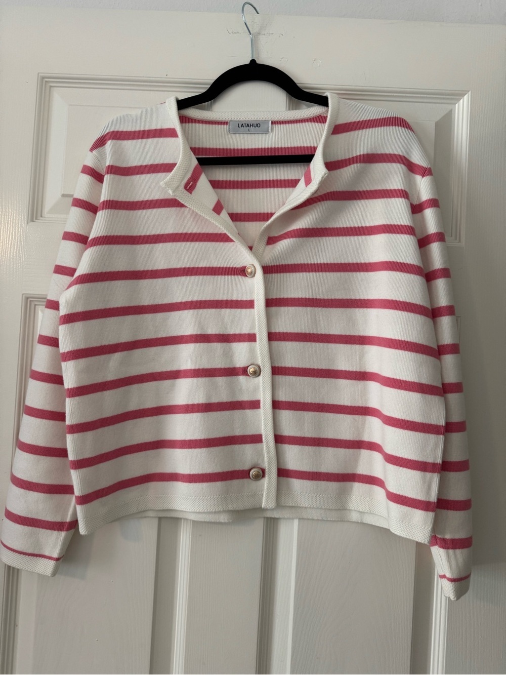 Latahuo Pink & White Striped Button Cardigan Sweater
